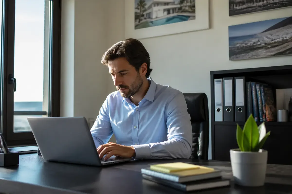 Homme en chemise à son bureau, travaillant sur ordinateur portable, devant une fenêtre ensoleillée.
