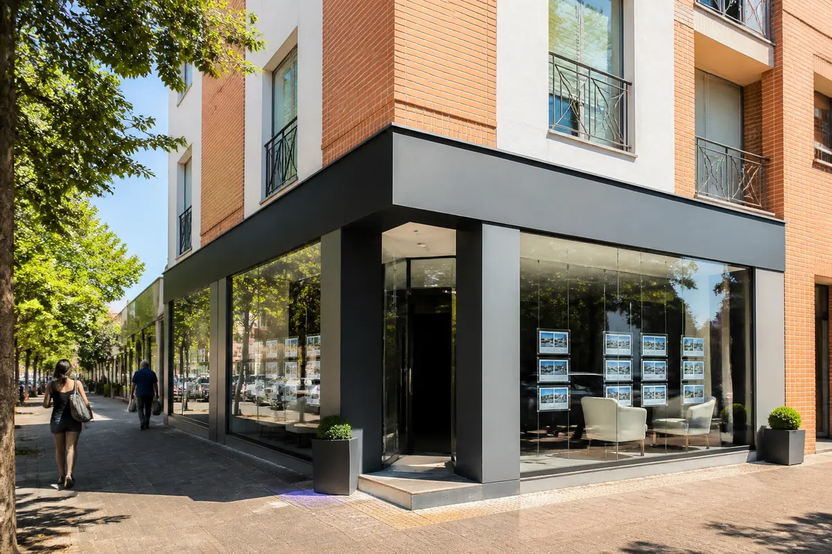 Agence immobilière moderne avec grandes vitrines, affiches et fauteuils, située en coin de rue arborée.