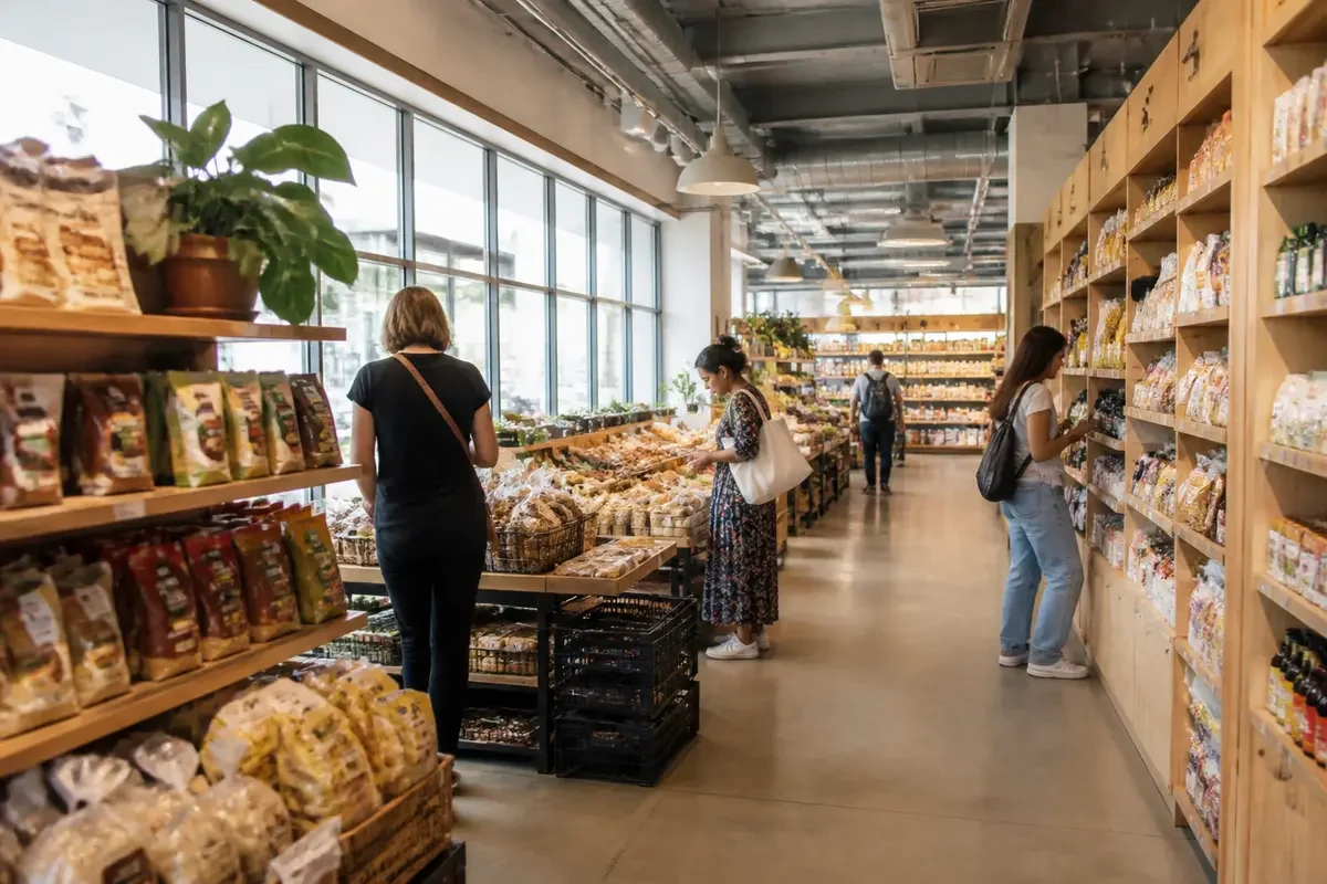 Magasin bio lumineux avec des clients, étagères garnies de produits naturels, plantes en décoration.