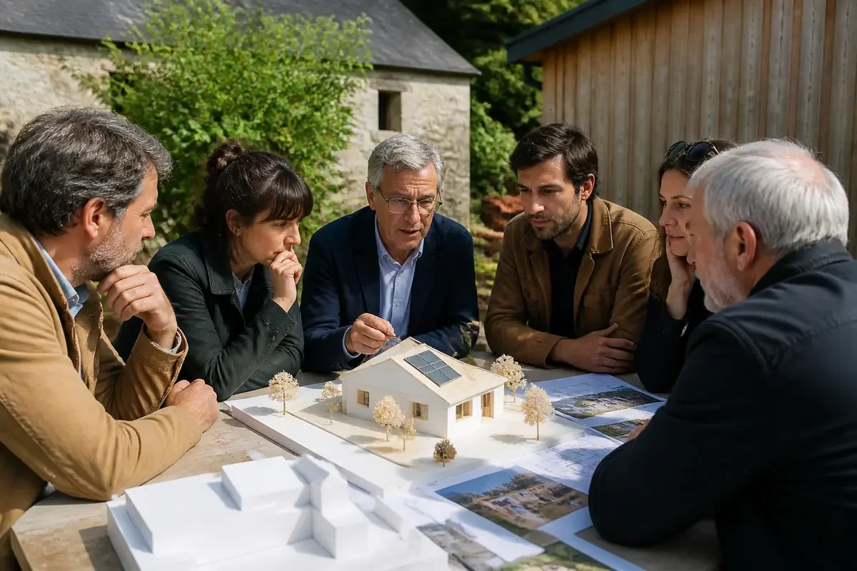 Un groupe discute autour d'une maquette de maison, à l'extérieur, sur une table en bois.