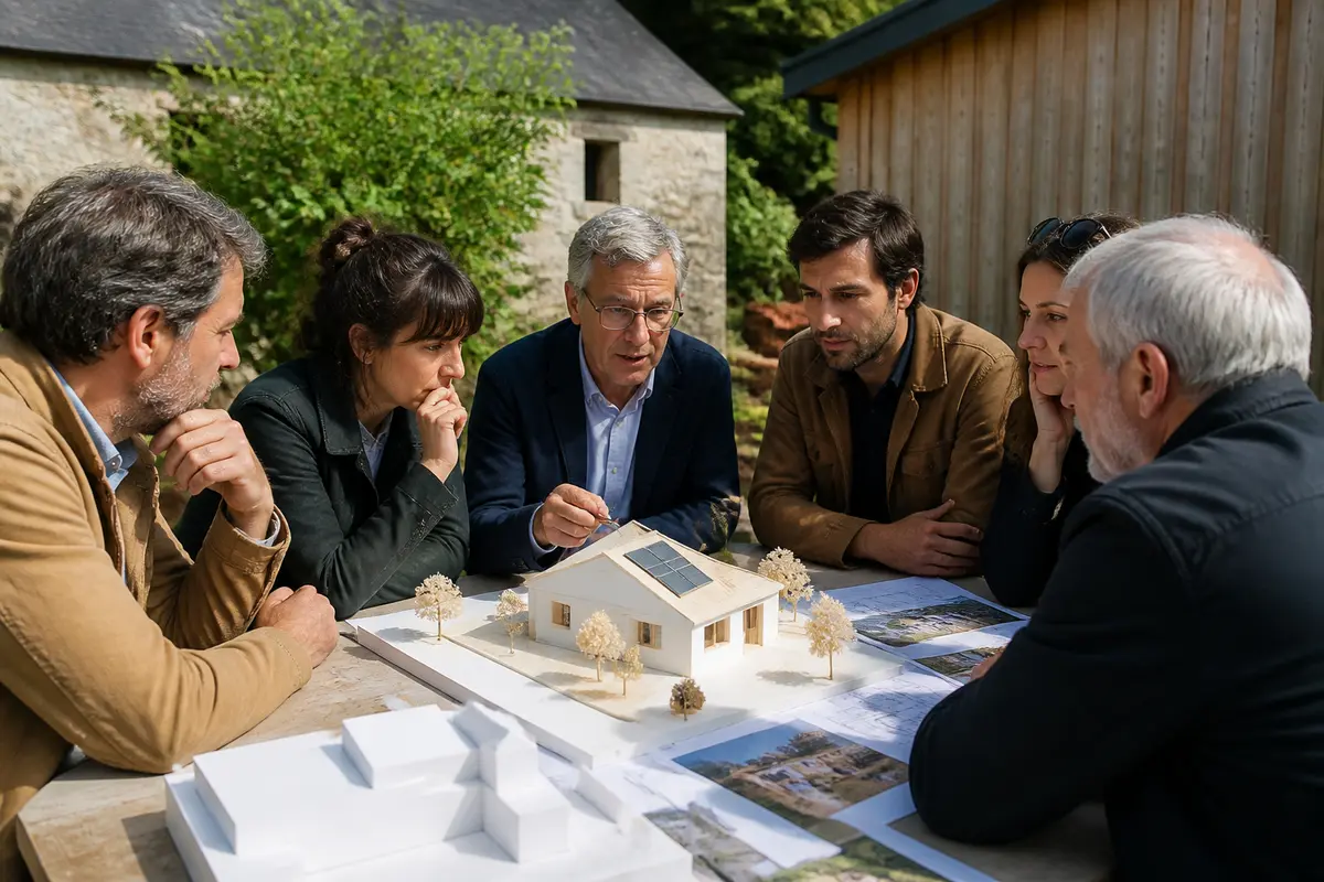 Un groupe discute autour d'une maquette de maison, à l'extérieur, sur une table en bois.
