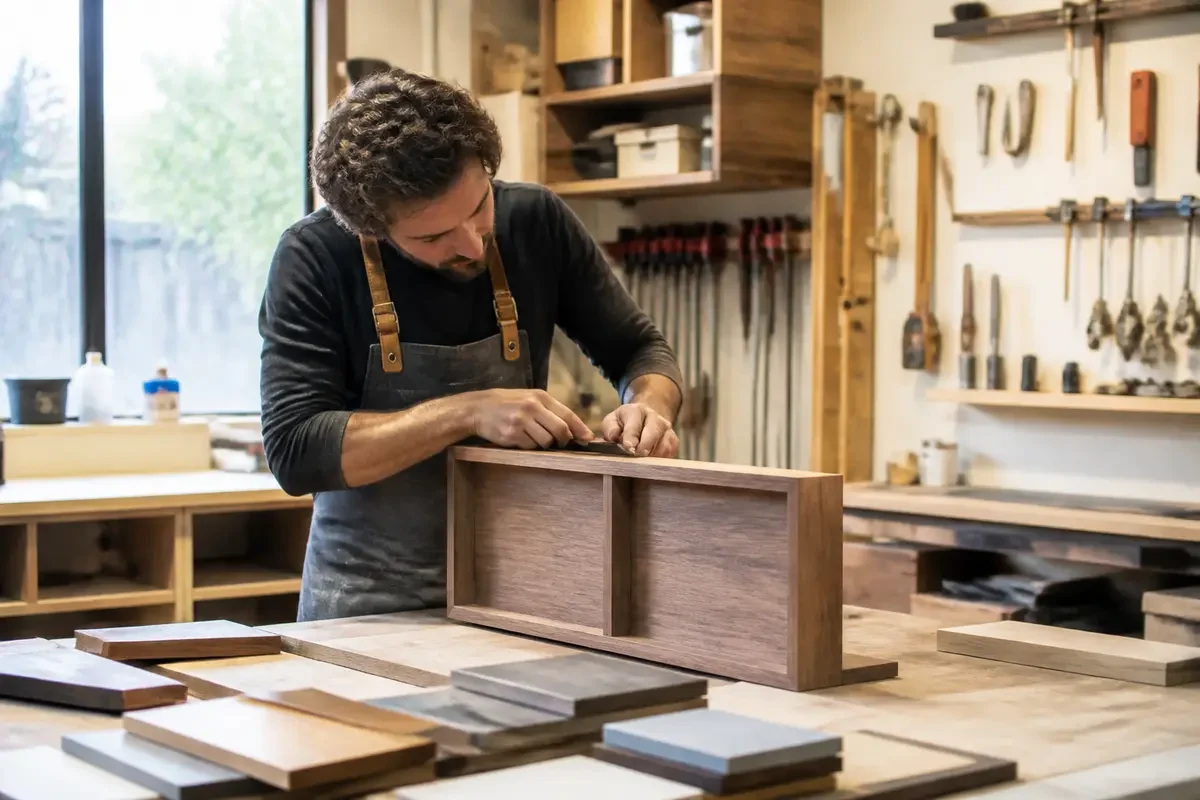 Un ébéniste concentré travaille le bois dans un atelier bien équipé.
