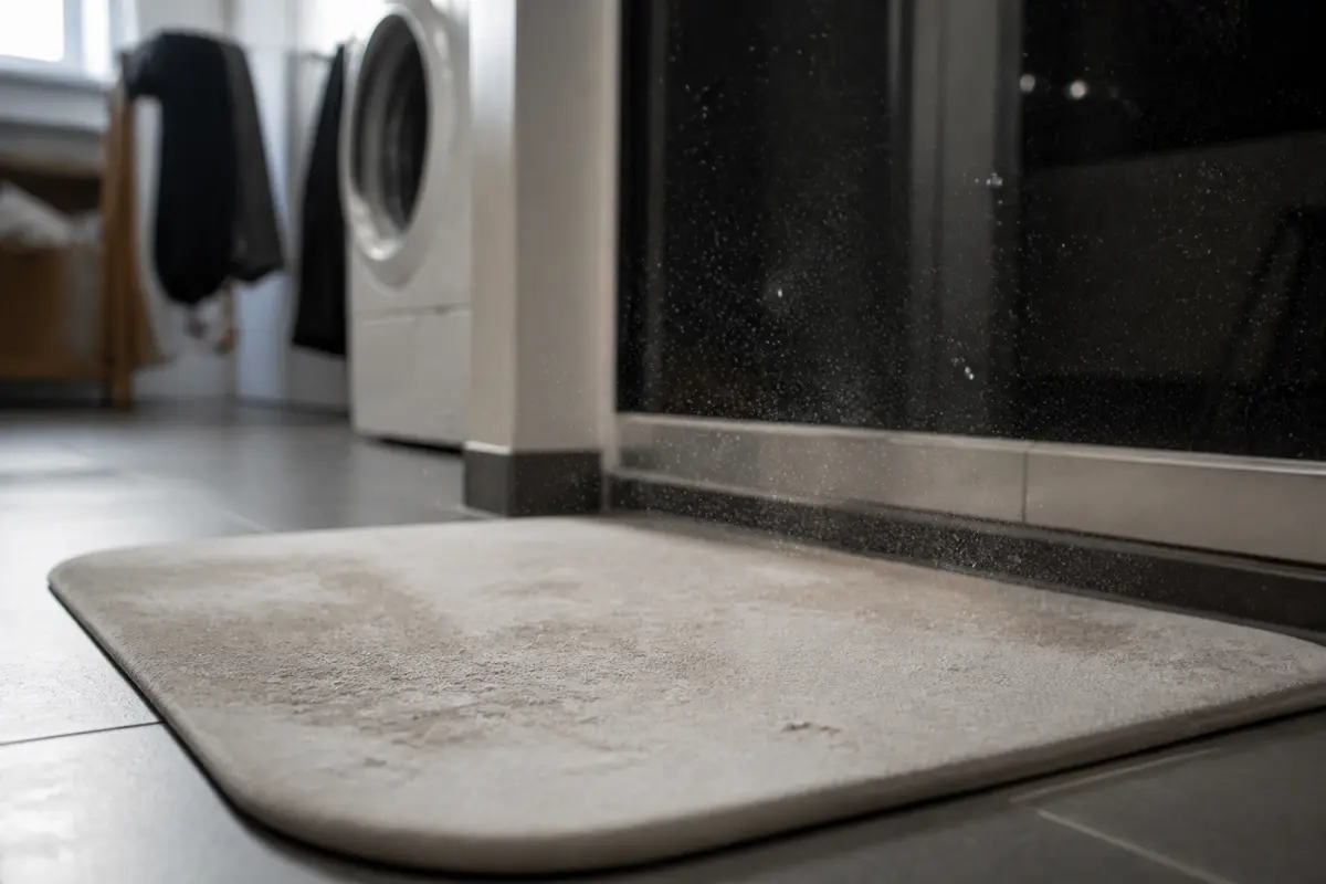 Tapis de salle de bain beige en diatomite près de la douche, flou d'une machine à laver en arrière-plan.