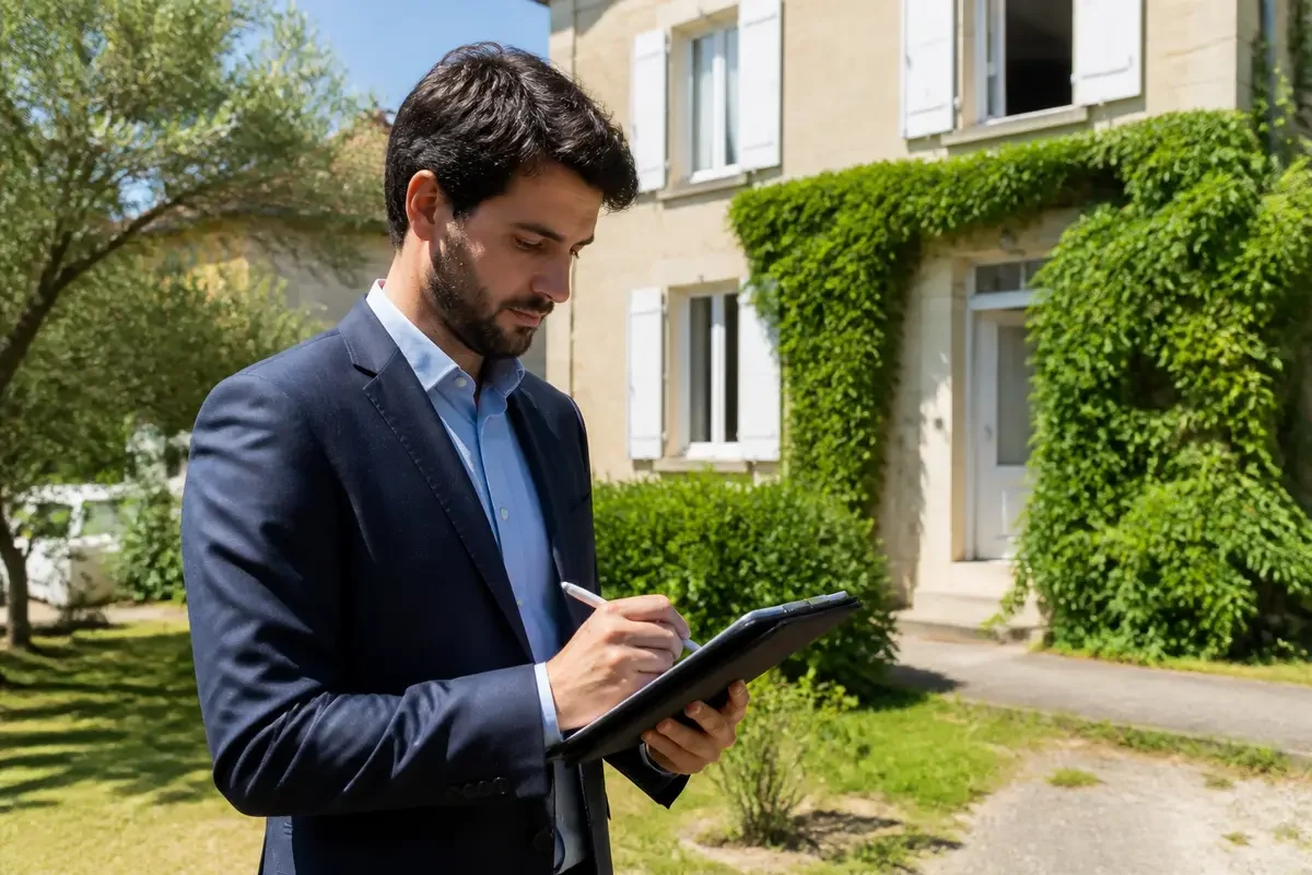 Un homme en costume écrit sur une tablette, devant une maison couverte de végétation.