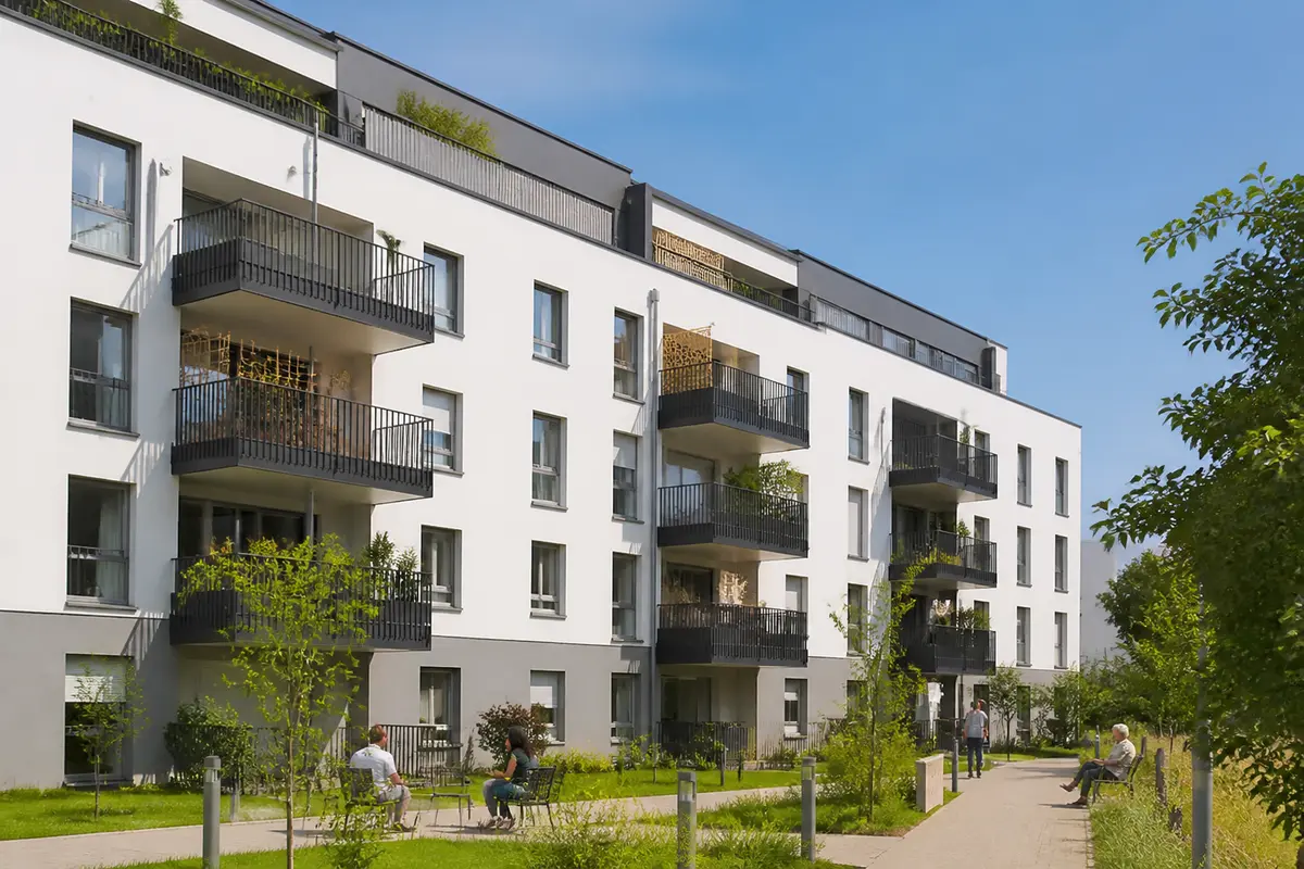 Immeuble moderne avec balcons, jardin verdoyant, personnes assises et allée pavée, sous ciel bleu.
