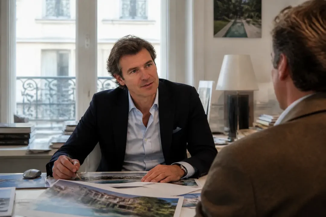 Deux hommes discutant dans un bureau lumineux avec des papiers sur la table.