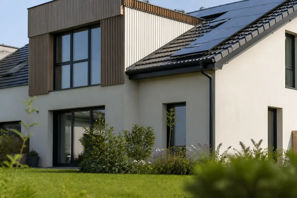 Maison moderne avec panneaux solaires sur le toit, entourée d'un jardin verdoyant et de grandes fenêtres.