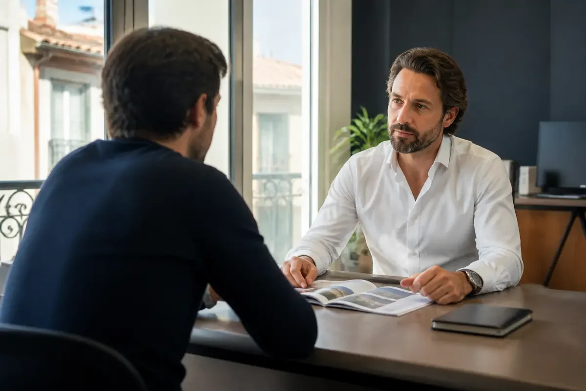 Deux hommes discutent sérieusement dans un bureau lumineux, l'un en chemise blanche, l'autre en pull sombre.