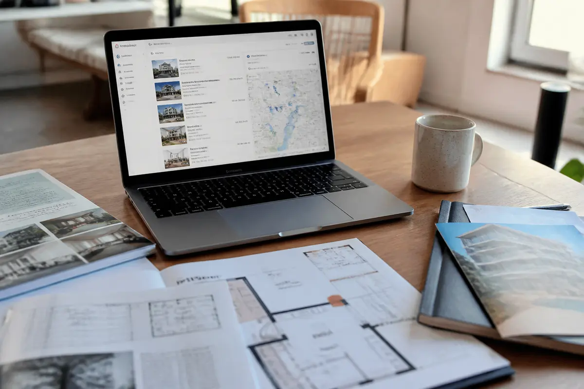 Un ordinateur portable sur une table, entouré de documents et d'une tasse.