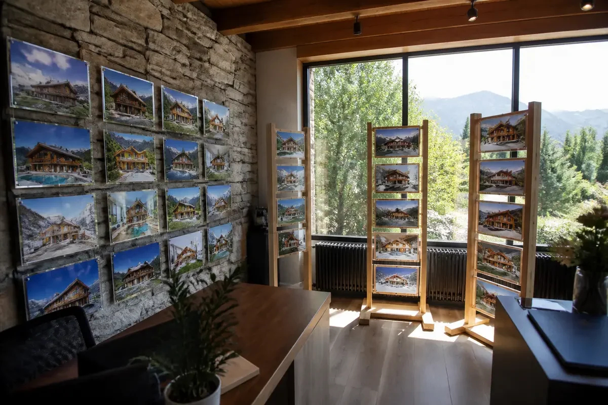 Salle d'exposition avec photos de chalets sur murs et présentoirs en bois, vue montagne, grande fenêtre.