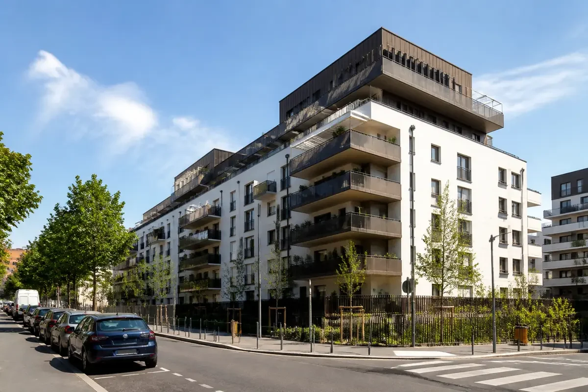 Immeuble résidentiel moderne avec balcons, arbres alignés, voitures garées rue calme, ciel bleu dégagé.