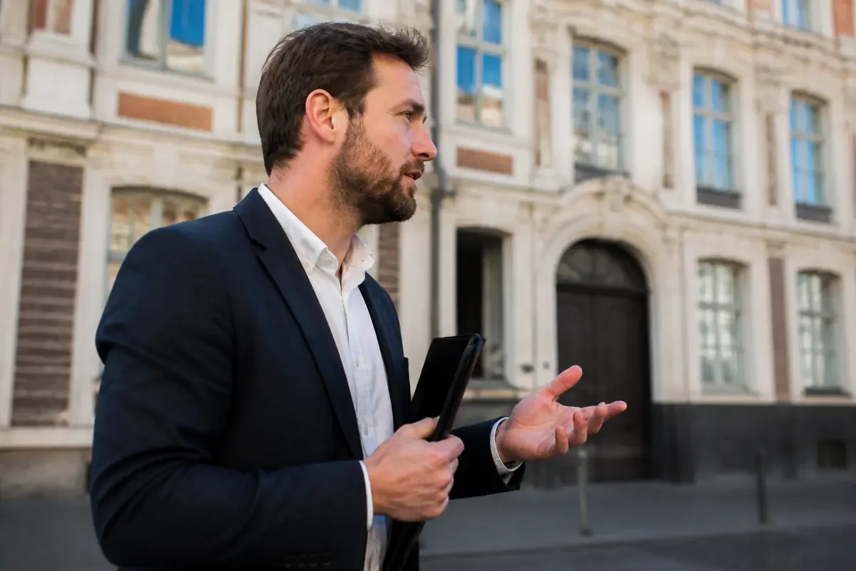 Un homme en costume parle gesticulant devant un bâtiment ancien avec fenêtres et corniches.