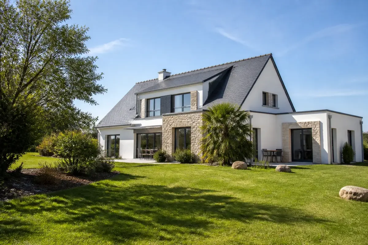Maison moderne en pierre et crépi blanc avec jardin bien entretenu et arbres sous un ciel bleu.