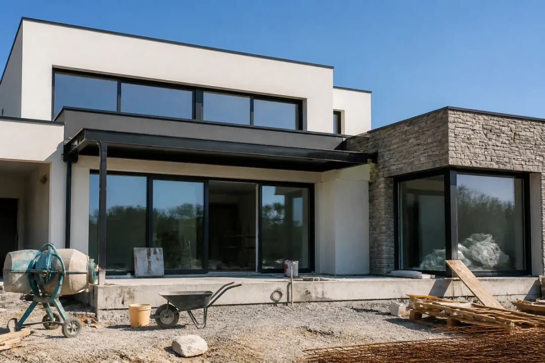 Maison contemporaine en construction avec grandes fenêtres, bétonnière et brouette au premier plan, ciel bleu.