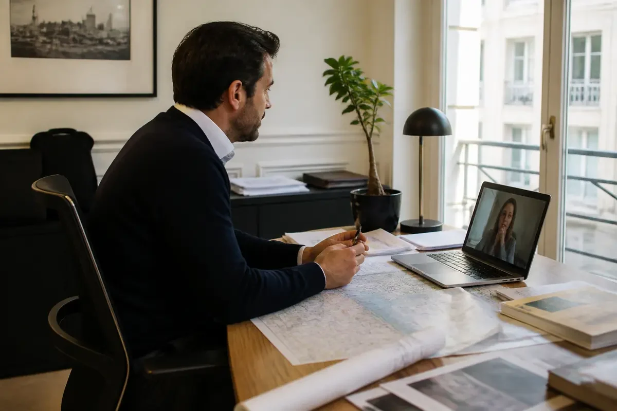 Un homme en visioconférence dans un bureau avec ordinateur portable, documents et plante.