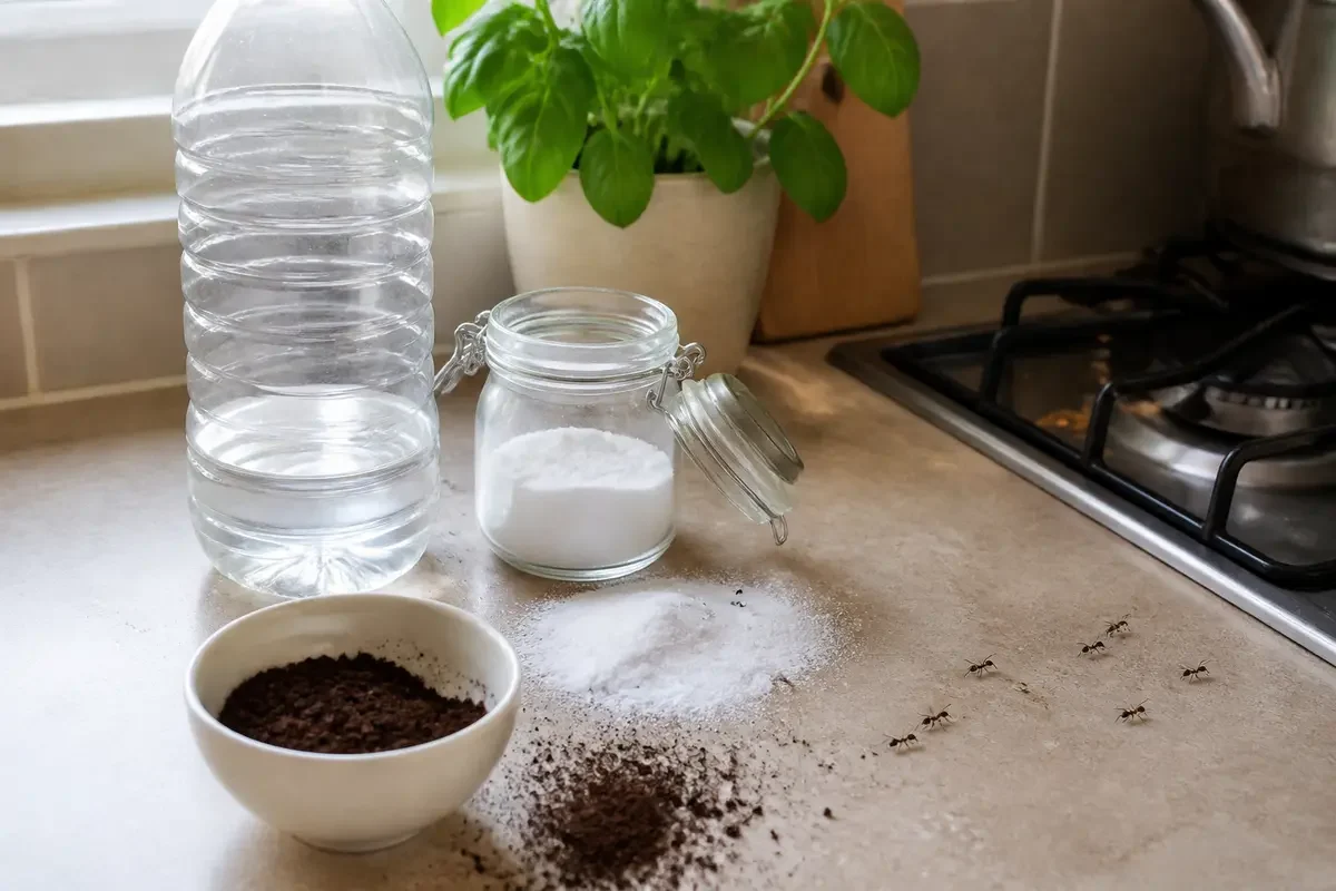 Des fourmis marchant sur un plan de travail avec café moulu, bocal de sucre, bouteille d'eau, plante.