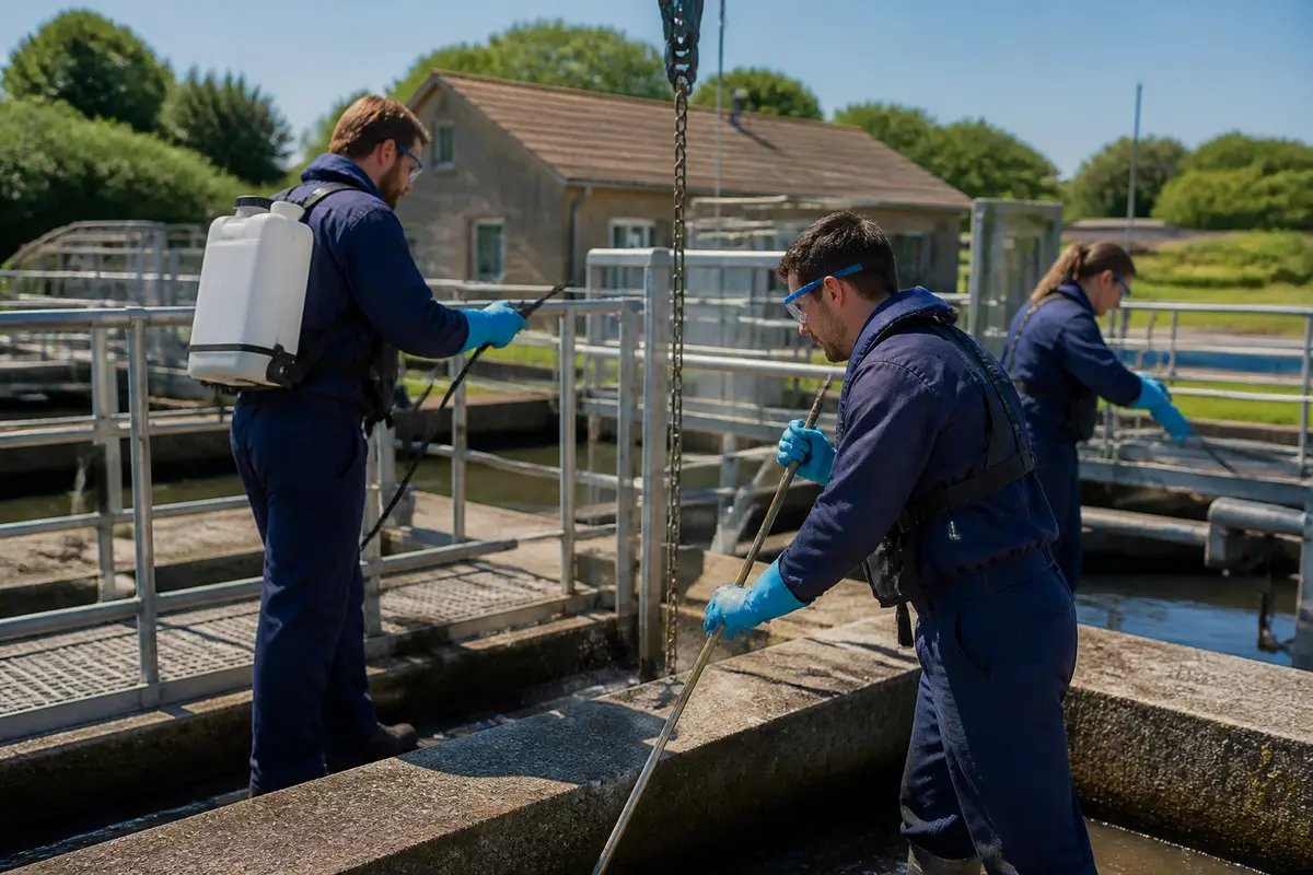 Des techniciens en tenue de protection effectuent l'entretien d'une station de traitement des eaux.
