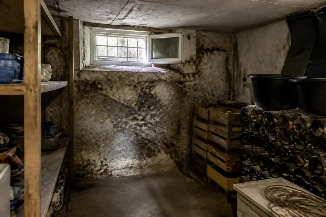 Vieille cave sombre avec mur moisissure, fenêtre haute, étagères en bois, caisses empilées, bouteilles poussiéreuses.