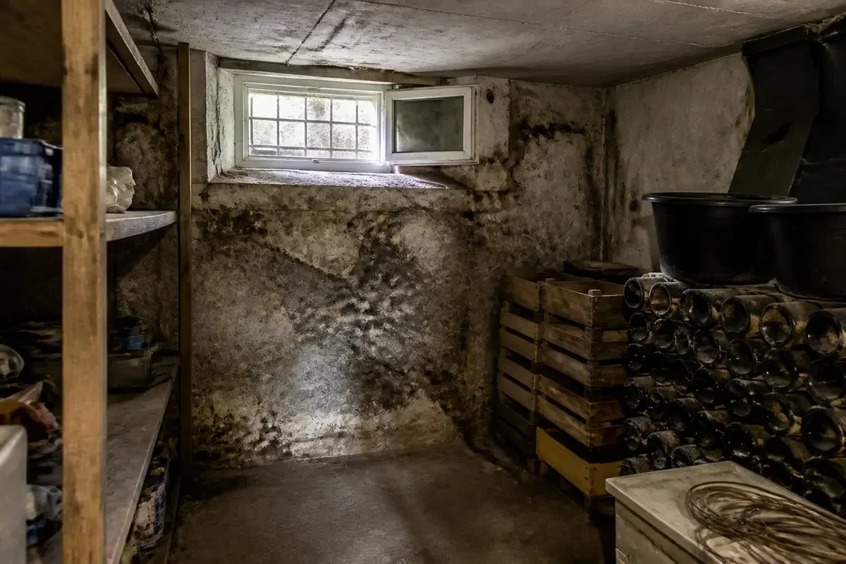 Vieille cave sombre avec mur moisissure, fenêtre haute, étagères en bois, caisses empilées, bouteilles poussiéreuses.