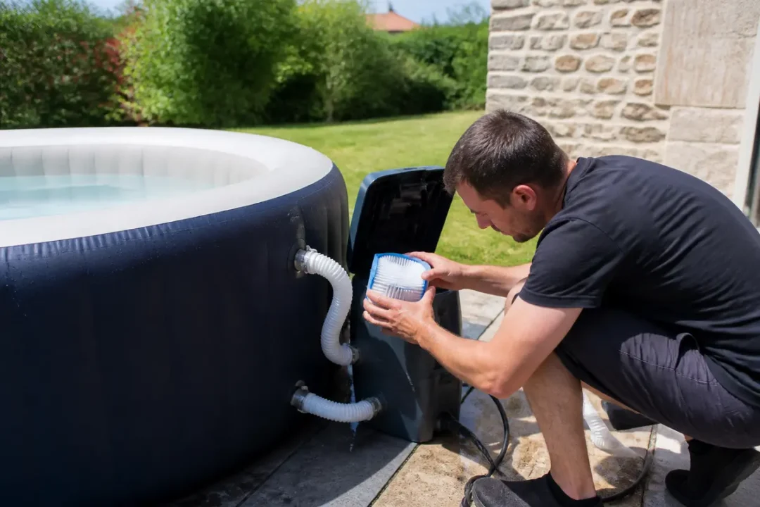 Homme nettoyant le filtre d'un spa gonflable dans un jardin ensoleillé.