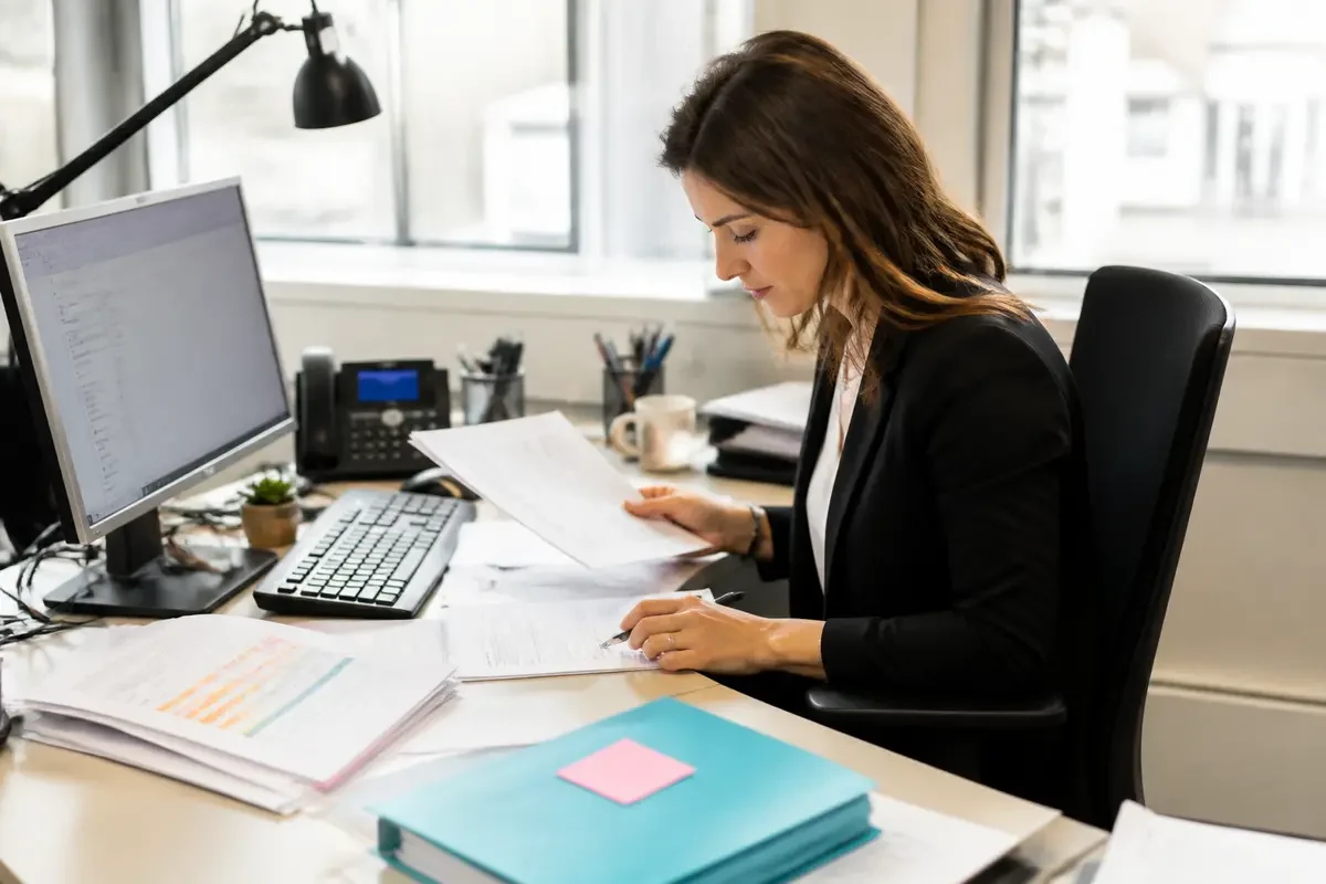 Une femme travaille dans un bureau, lisant des documents à un bureau encombré d'articles divers.