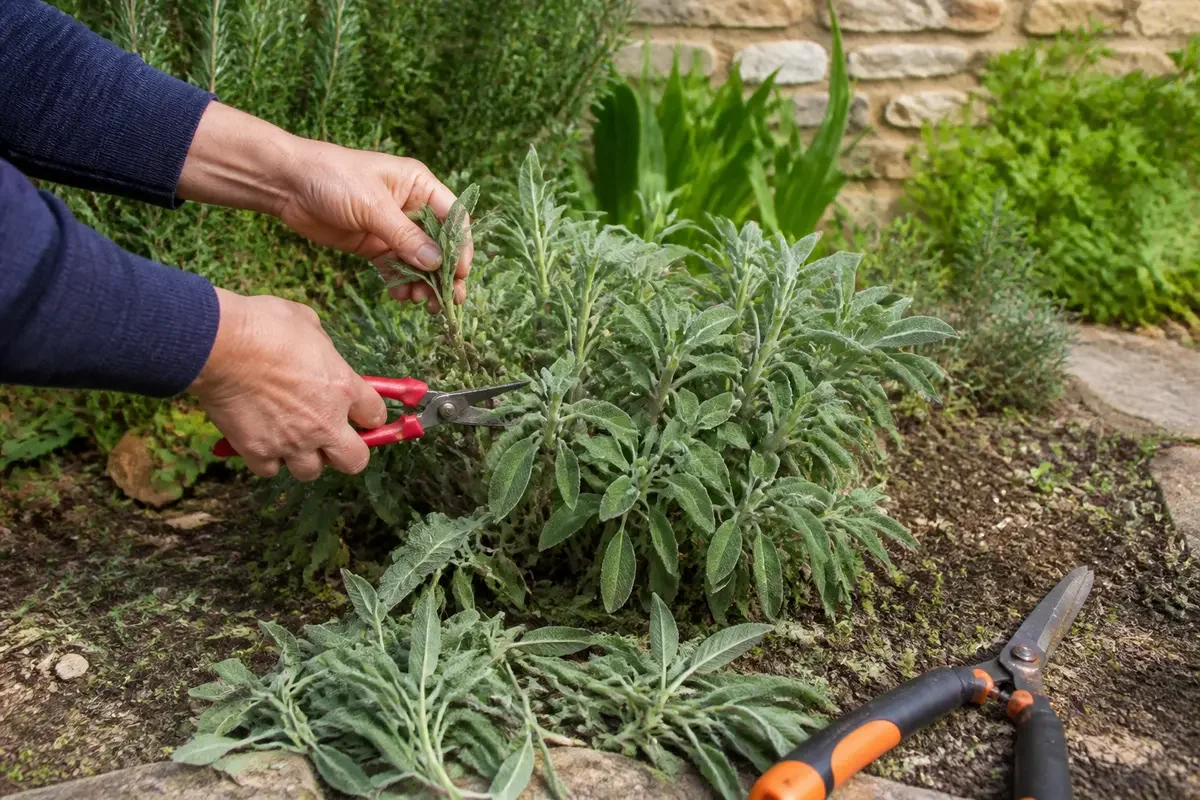Personne taillant un buisson avec un sécateur dans un jardin, outils de jardinage visibles.