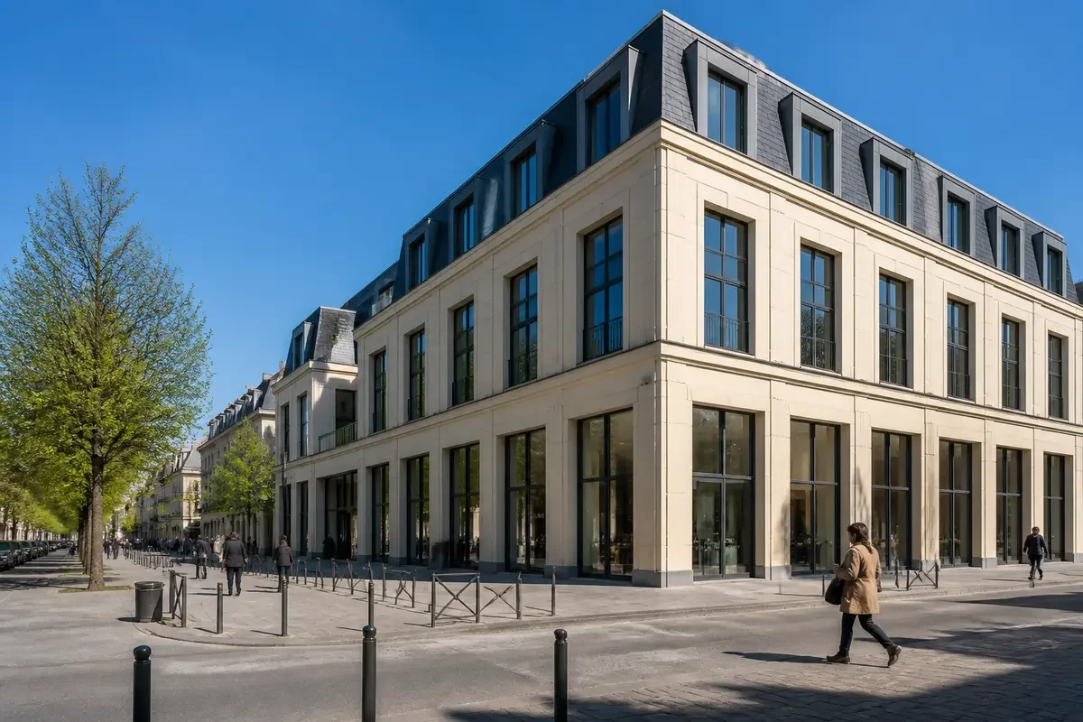 Bâtiment moderne en angle, grandes fenêtres, ciel blue, piétons marchant, arbres alignés, rue pavée.