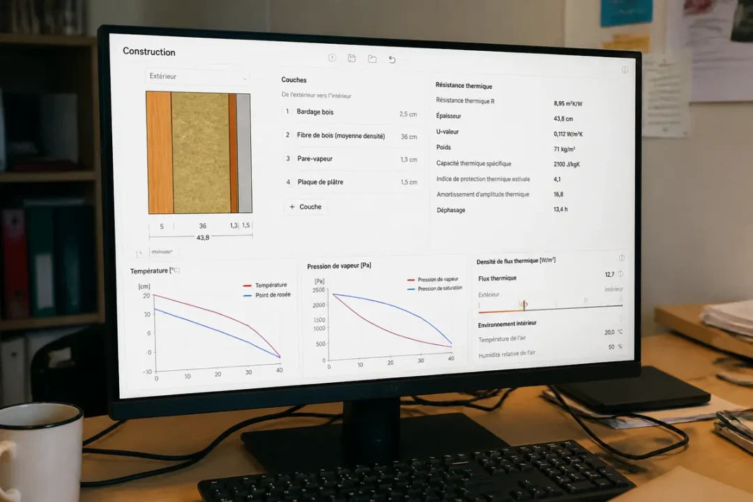 Écran d'ordinateur affichant des graphiques et détails sur la résistance thermique de matériaux de construction.