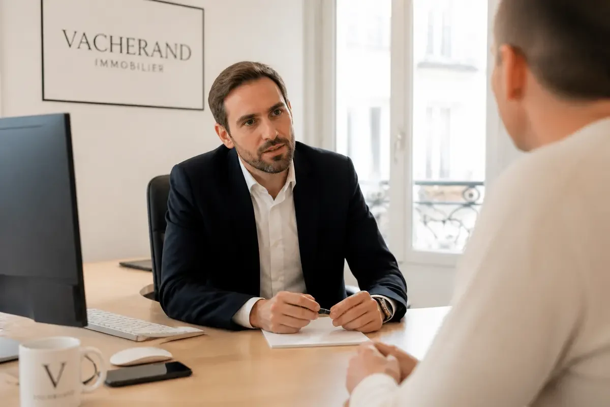 Un agent immobilier parle avec un client dans un bureau moderne et lumineux. Marque "Vacherand Immobilier".