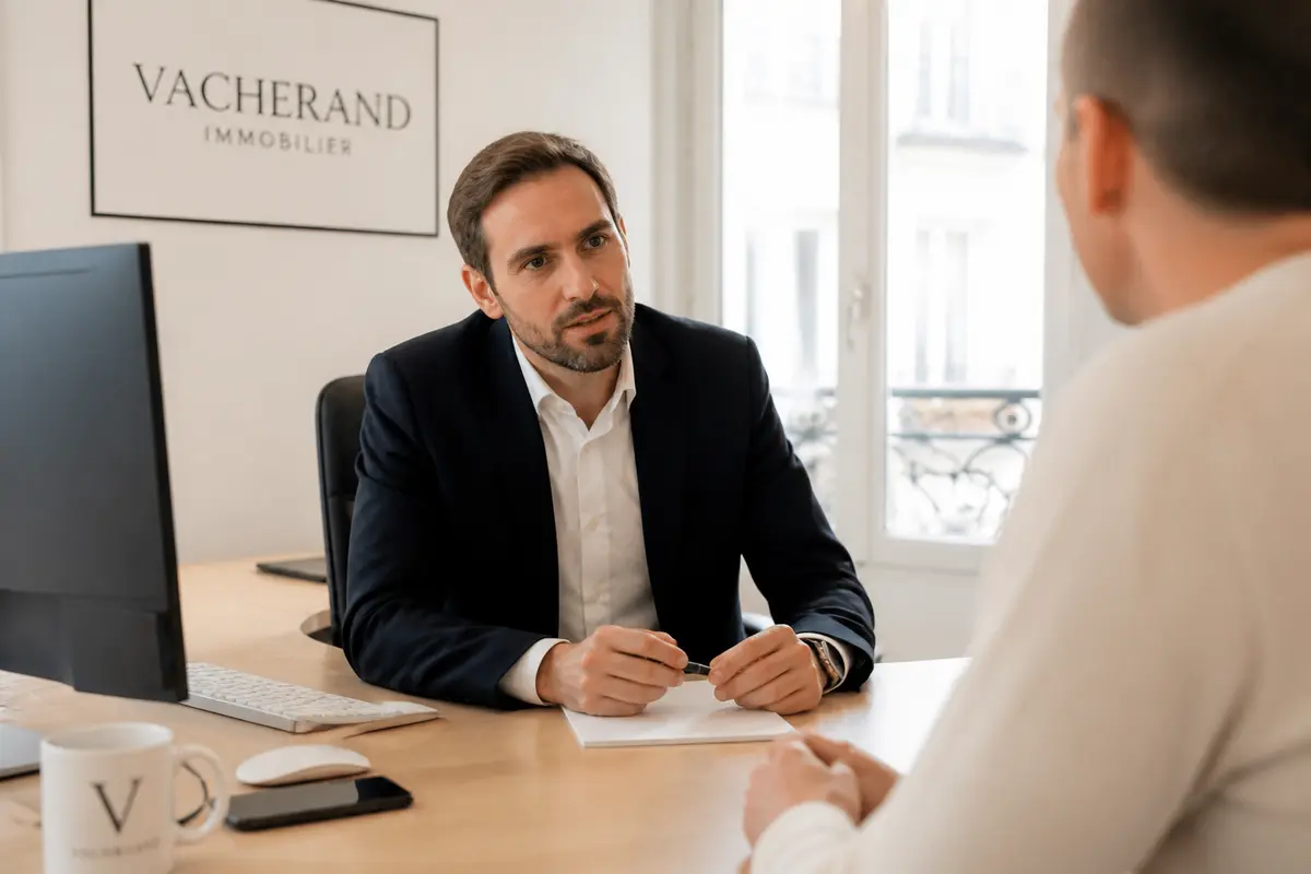 Un agent immobilier parle avec un client dans un bureau moderne et lumineux. Marque "Vacherand Immobilier".