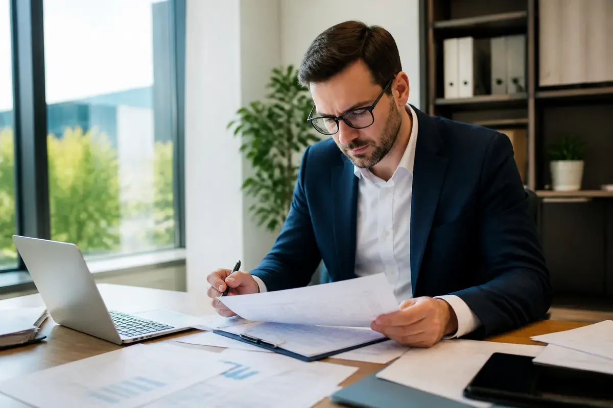 Homme en costume travaillant sérieusement à un bureau, devant un ordinateur portable, tenant des documents.
