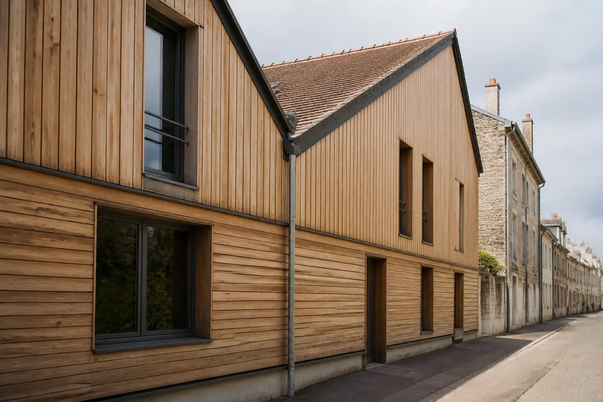 Façade moderne en bois d'une maison de ville, fenêtres vitrées, rue pavée, ciel nuageux.
