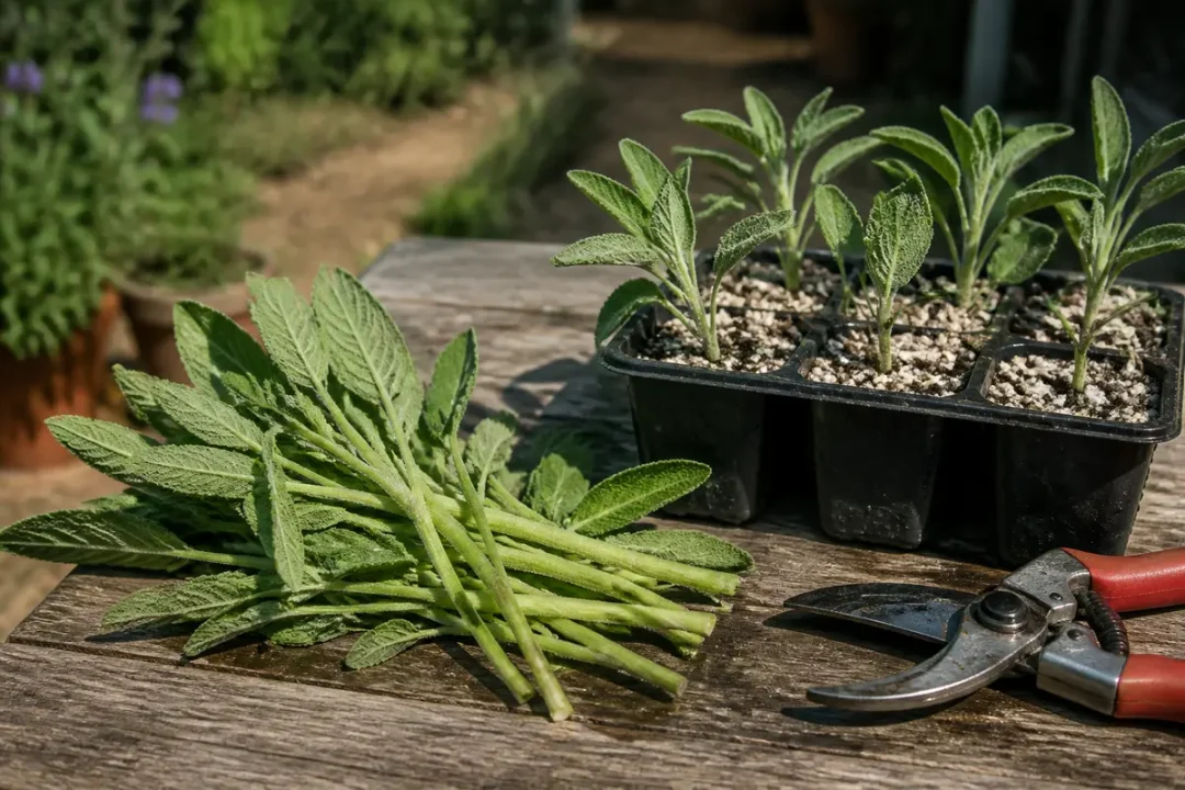 Boutures de plantes vertes sur table en bois, prêtes à être plantées; sécateur rouge visible.
