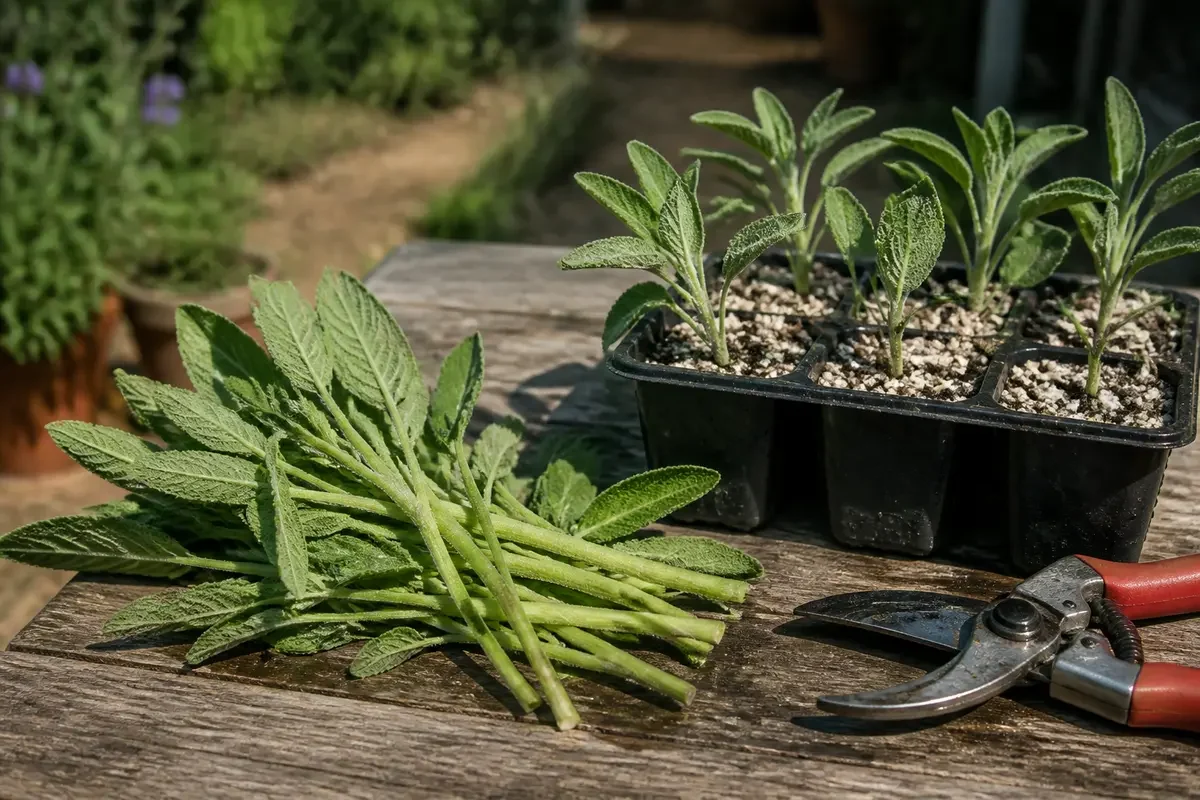 Boutures de plantes vertes sur table en bois, prêtes à être plantées; sécateur rouge visible.