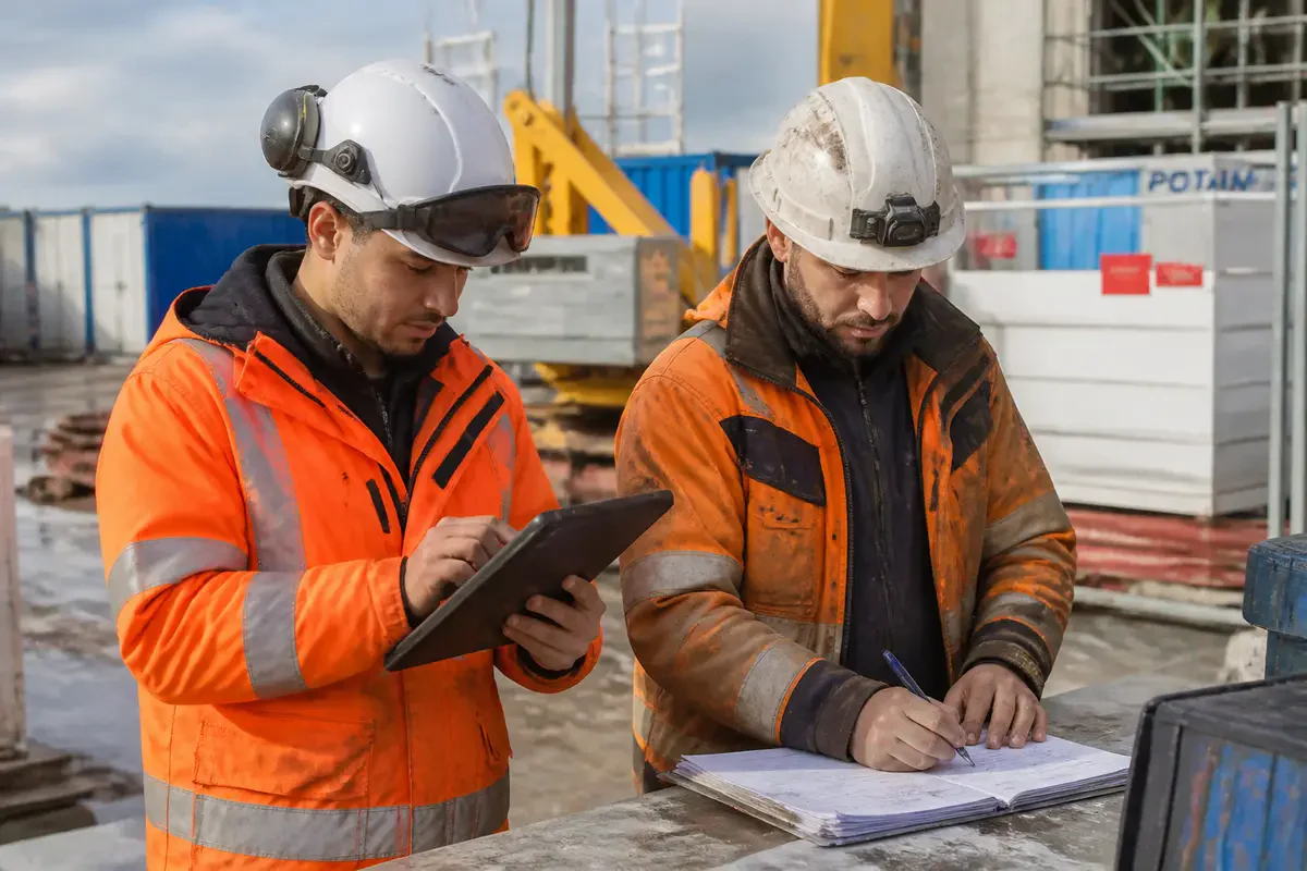 Deux ouvriers en tenue orange, casques blancs, travaillent sur un chantier avec tablette et documents.