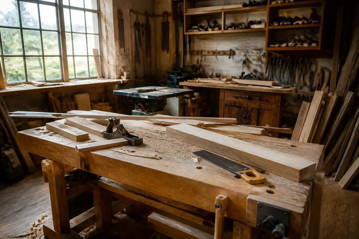 Atelier de menuiserie traditionnel avec établi, outils à main, rabots, scie, planches de bois et fenêtre éclairée.