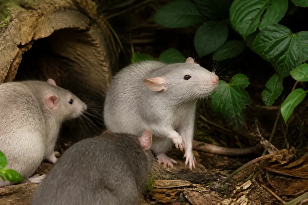 Trois rats gris explorant le sol de la forêt près d'un tronc d'arbre couvert de feuilles vertes.