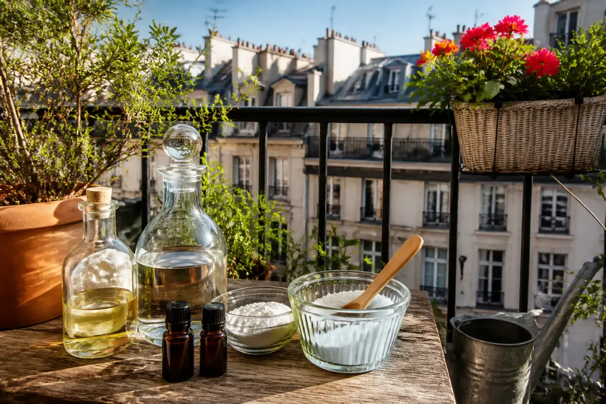 Produits naturels sur balcon pour une recette de grand-mère destinée à éloigner les pigeons