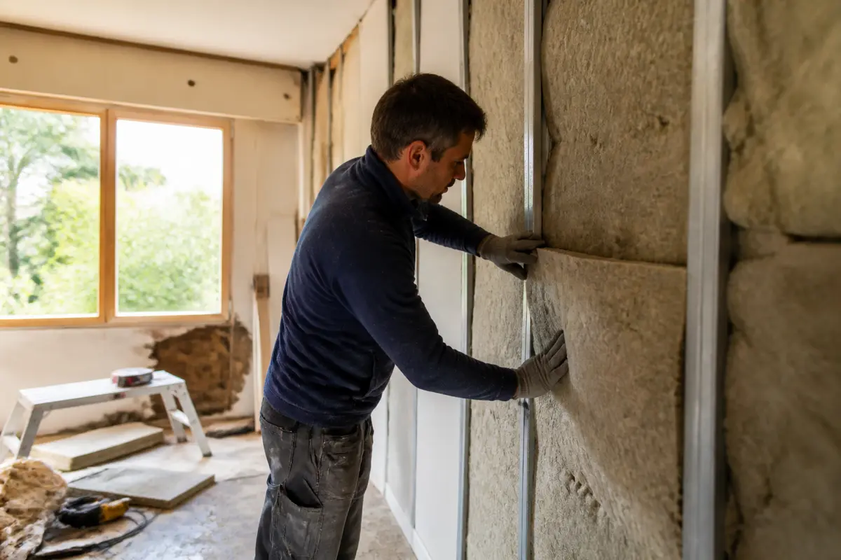 Homme installant de l'isolant dans une maison, portant des gants et un pull, près d'une fenêtre.
