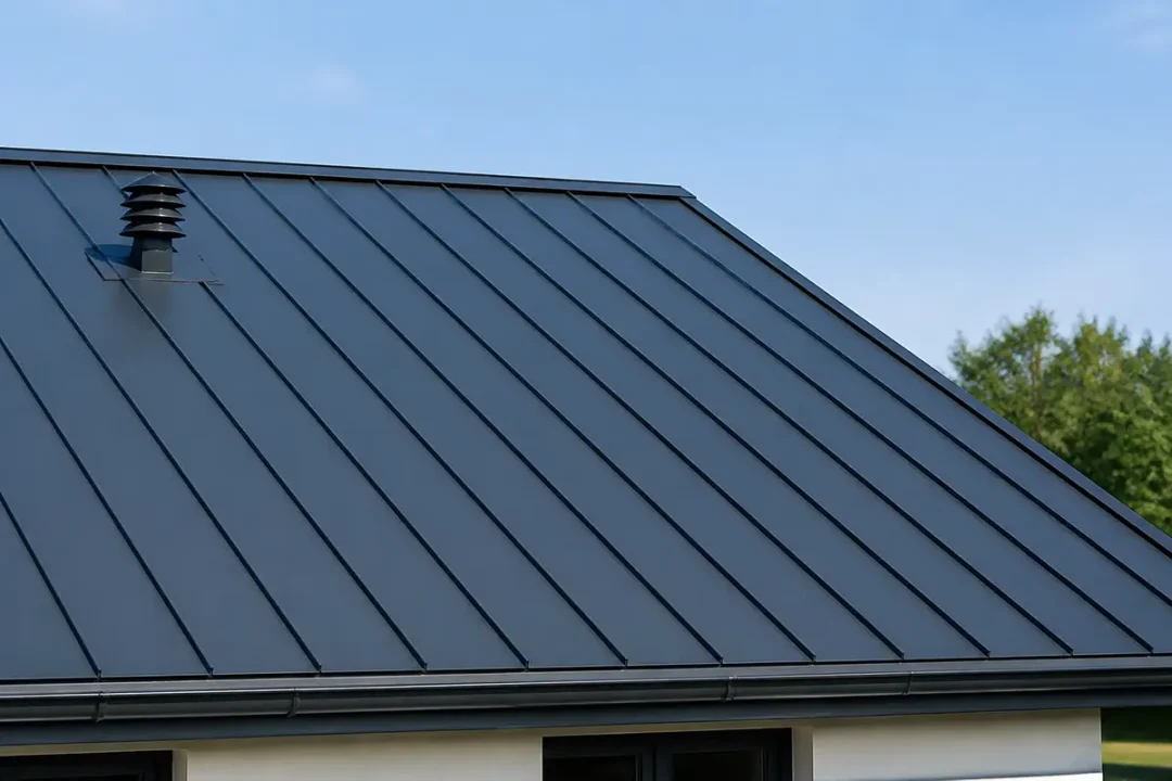 Toiture en métal gris avec panneaux verticaux et cheminée, ciel bleu et arbres en arrière-plan.